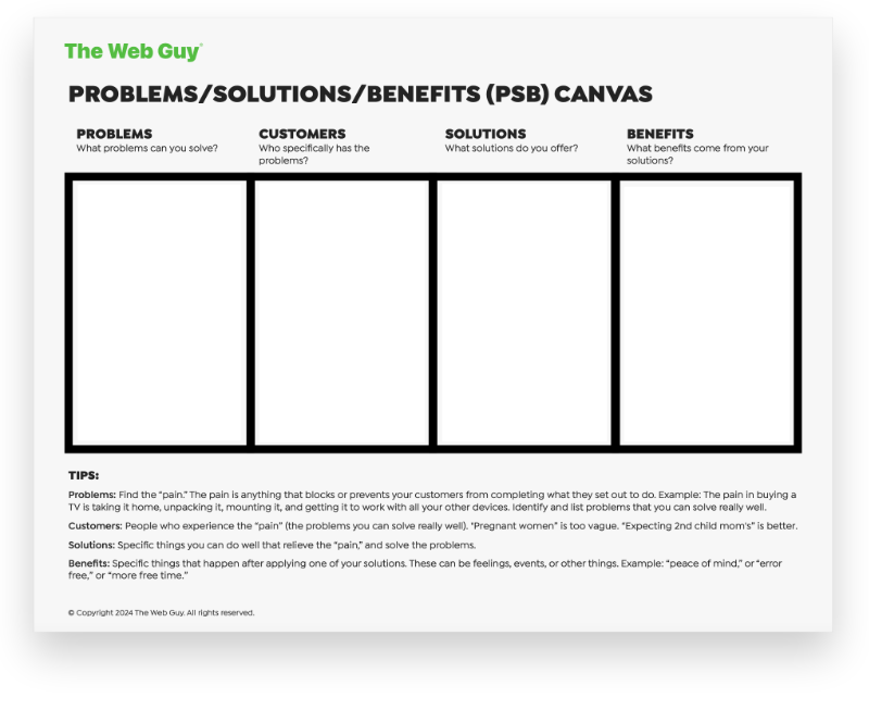 The Web Guy’s Problems/Solutions/Benefits Canvas